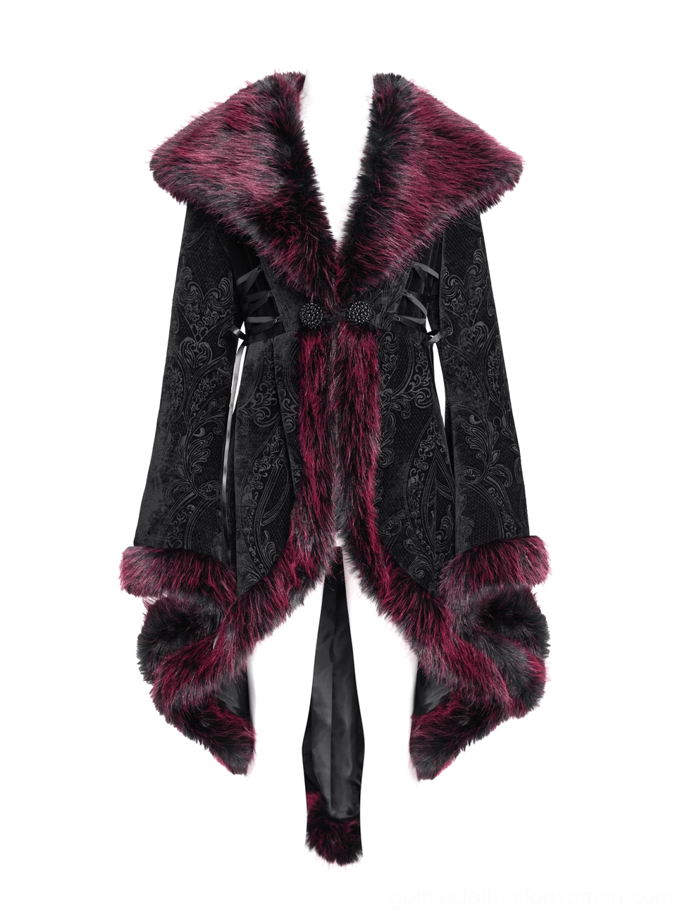 Three-quarter angle of gothic black velvet coat with burgundy faux fur trim worn by model, showcasing overall silhouette and vintage dark aesthetic