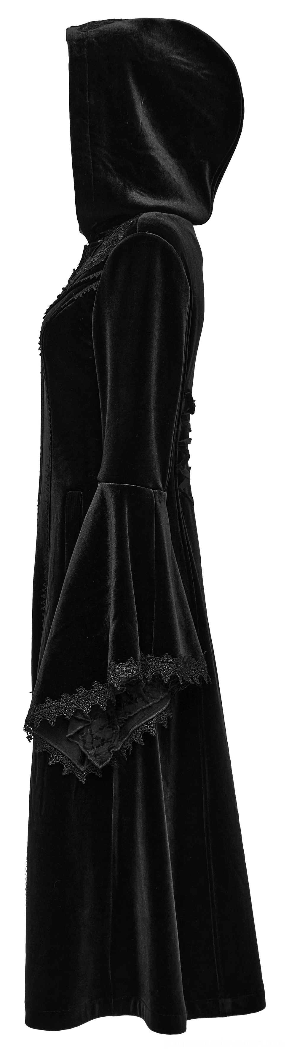 Gothic black velvet hooded coat with decorative lace embroidered details and structural trim, front flat lay