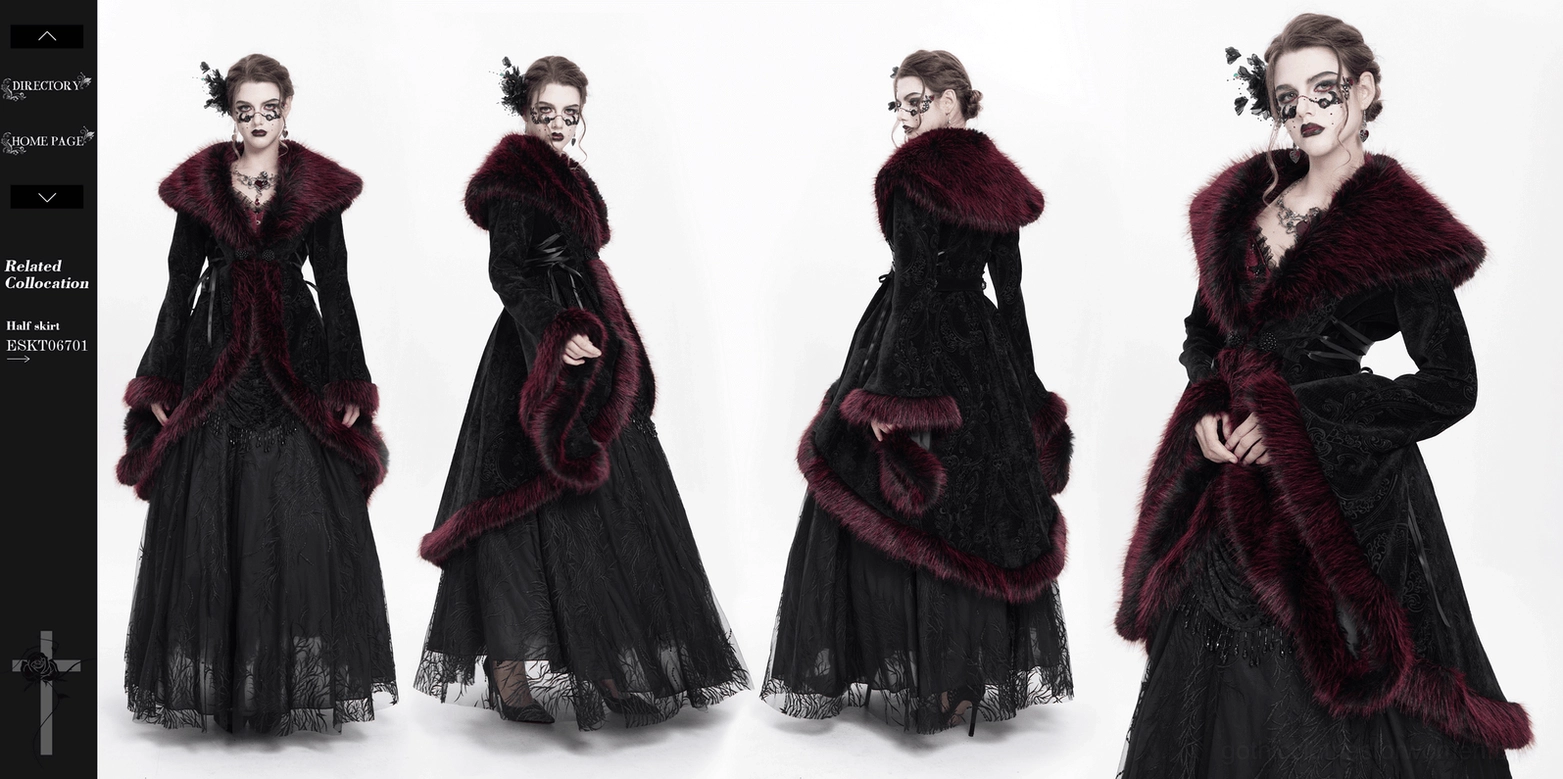 Flat lay perspective of black velvet gothic coat displaying full garment proportions, all embellishments, and overall design elements