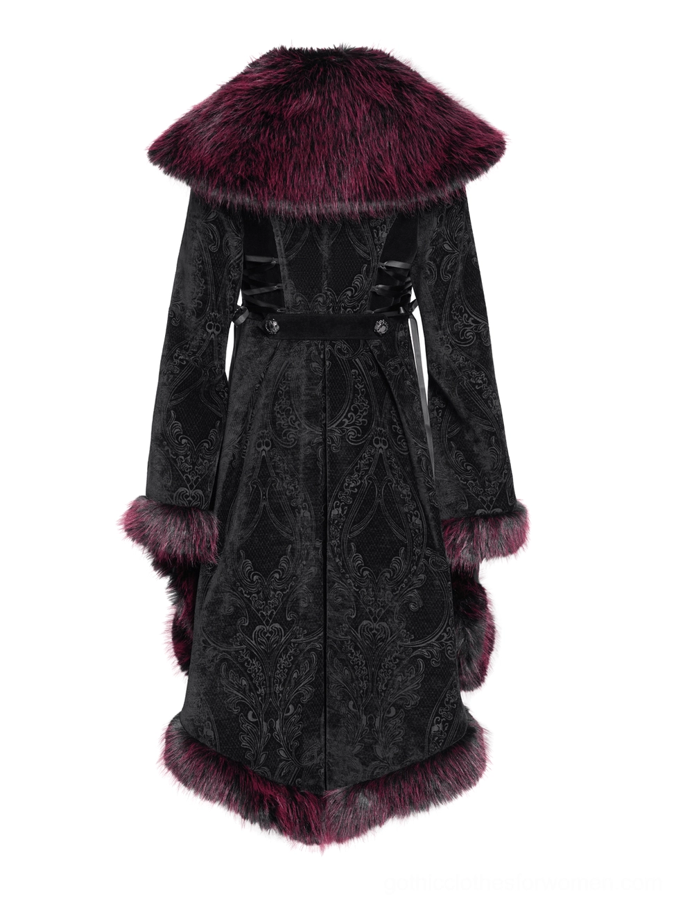 Side view of gothic coat with burgundy faux fur-trimmed hood raised, showing attached hood construction and side lace-up fastenings
