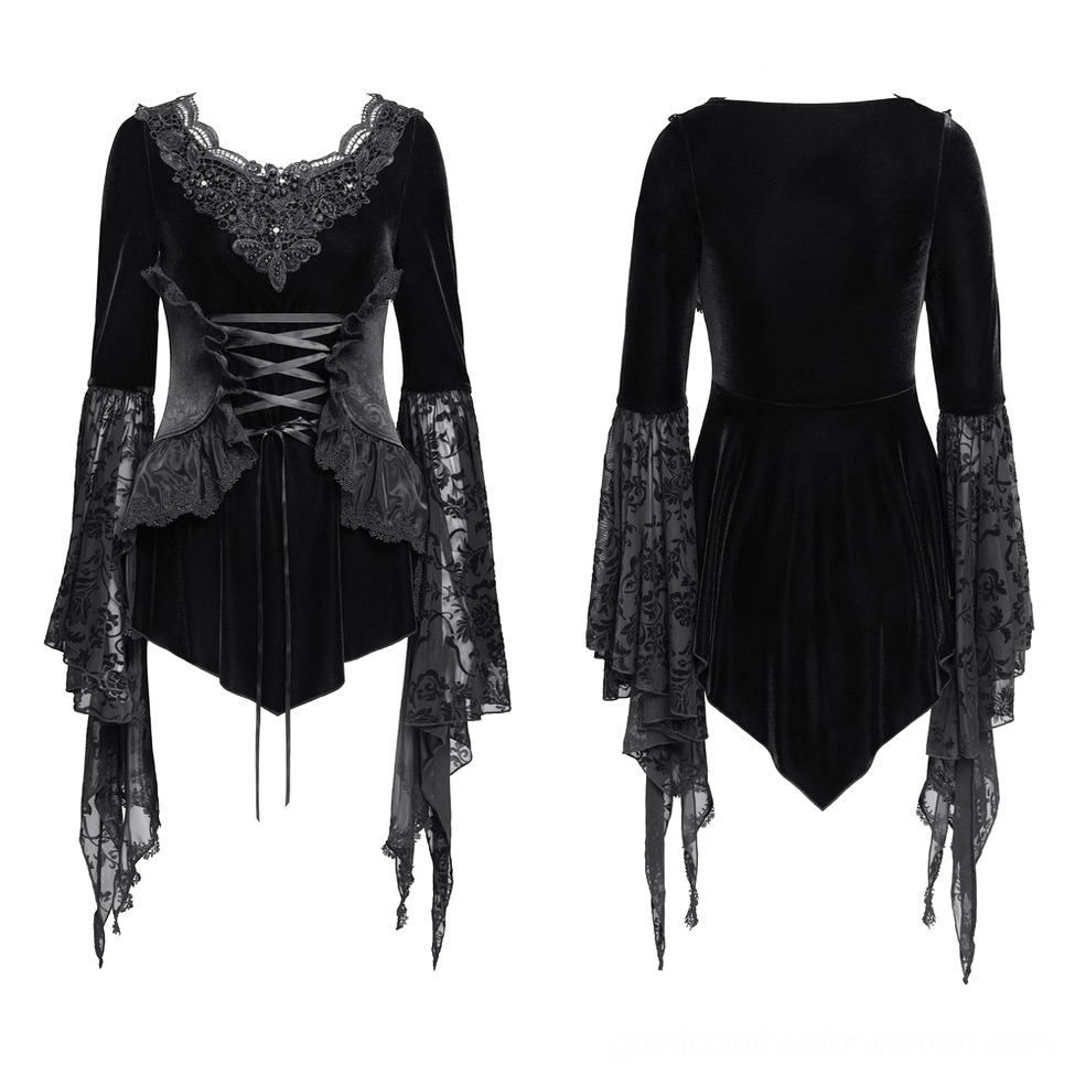 Black velvet gothic corset lace top with beaded neckline and bell sleeves - studio product shot