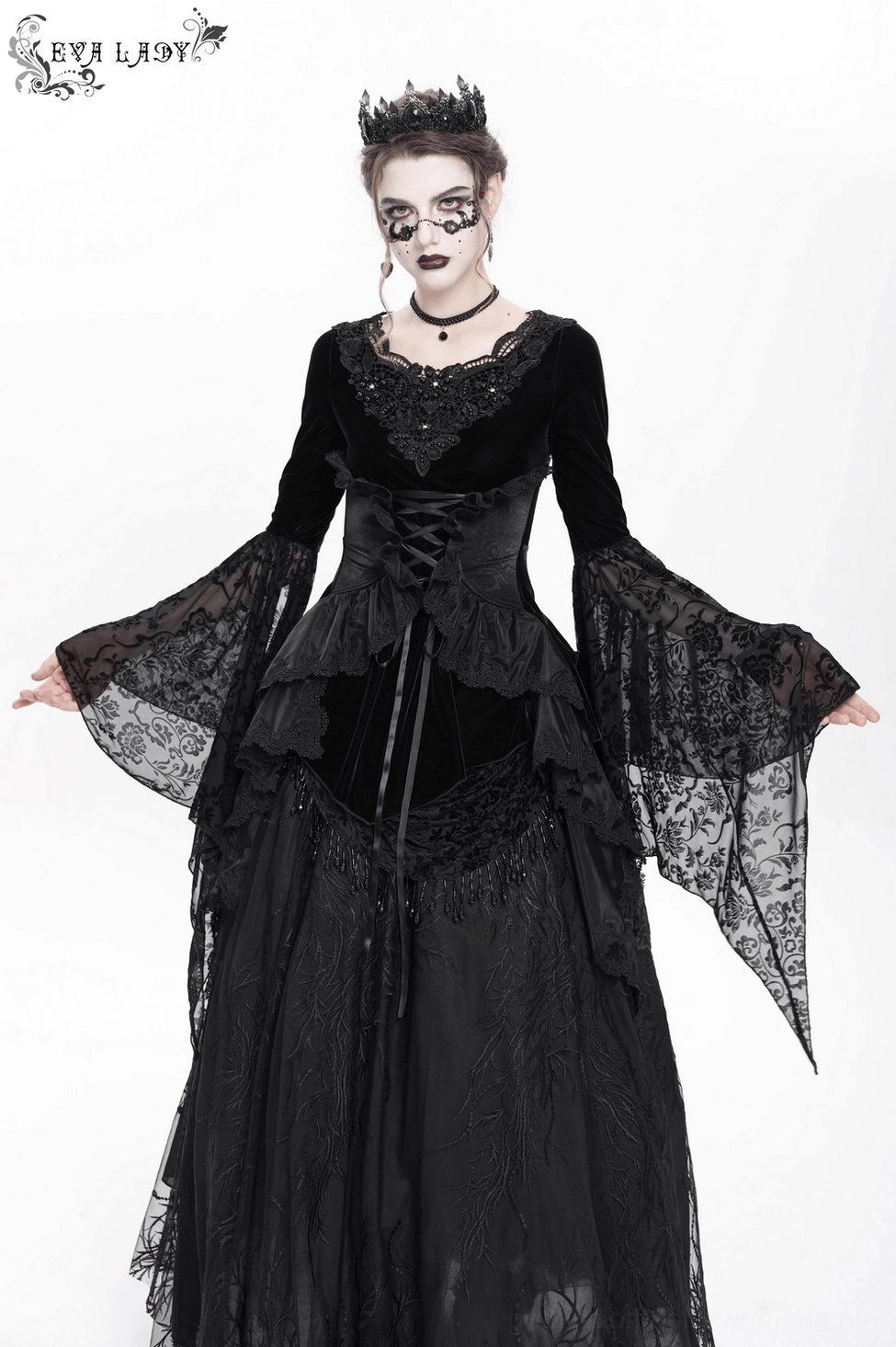 Black velvet gothic corset top complete front view with corset lacing and bell sleeves