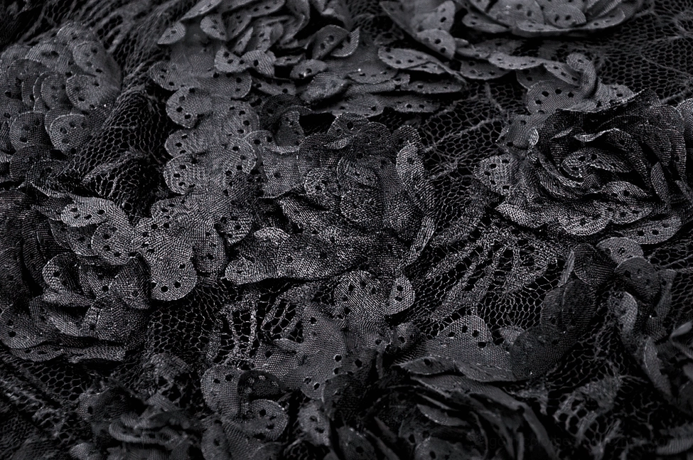 Black gothic velvet lace dress floor-length hem with ruffled scalloped edge detail
