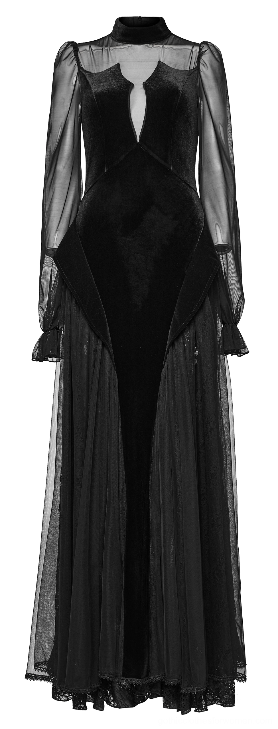 Front flat lay of black gothic velvet mesh dress showing high stand collar, keyhole cutout, and structured bodice construction