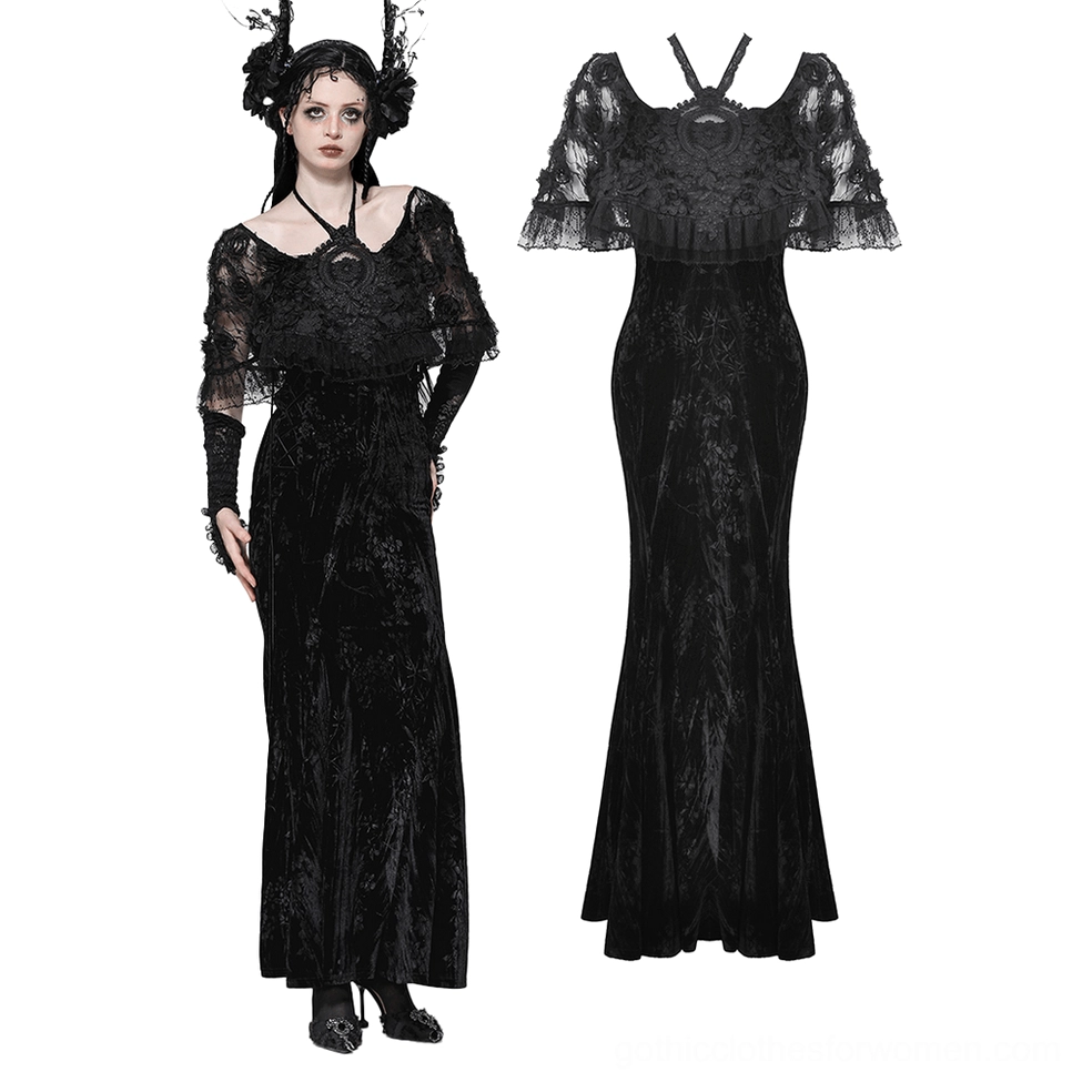 Black gothic lace velvet maxi dress with fingerless gloves, front detail and flat lay view