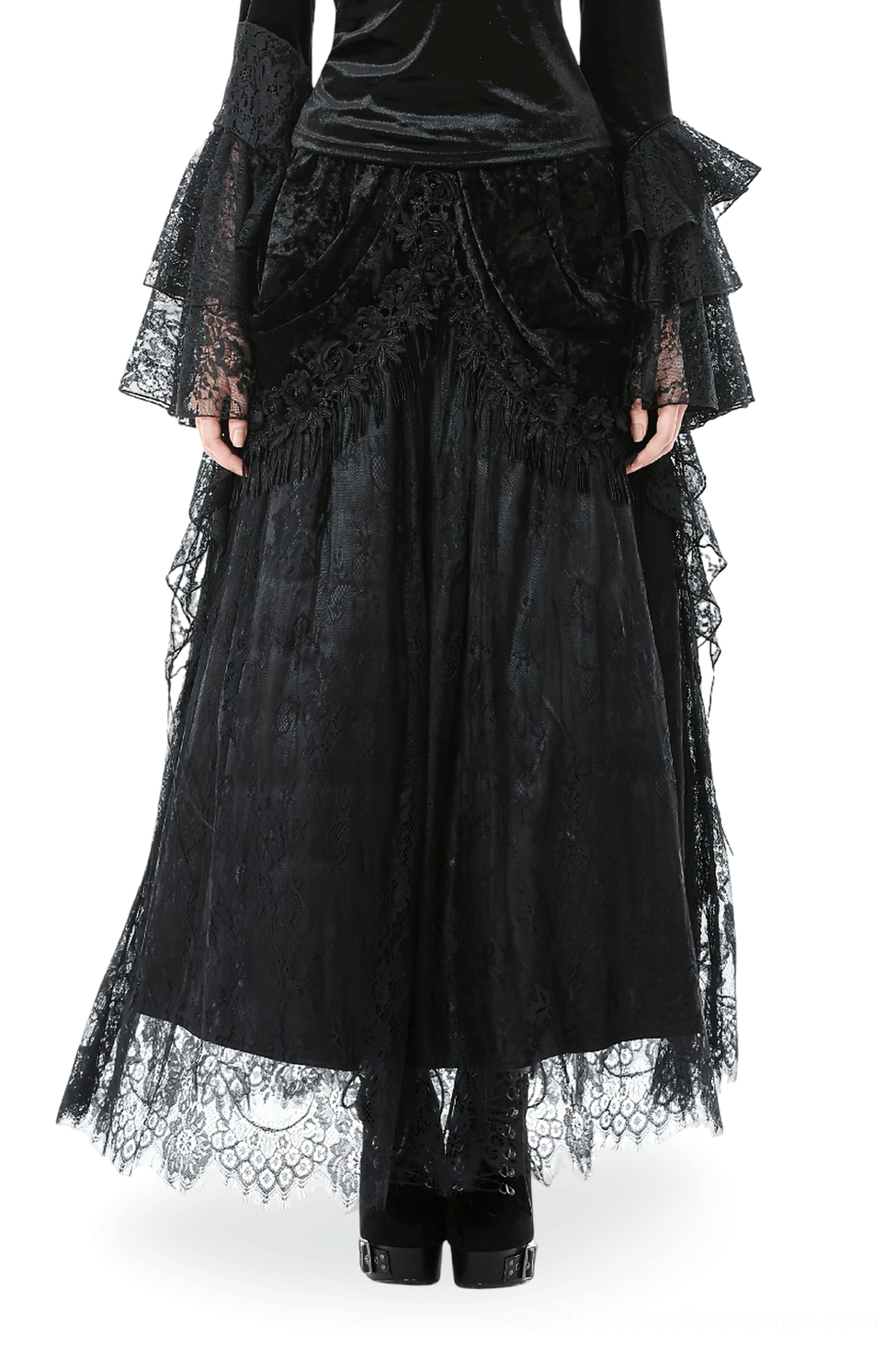 Black velvet and lace gothic maxi skirt back view with model wearing matching ruffled velvet top and layered lace panels