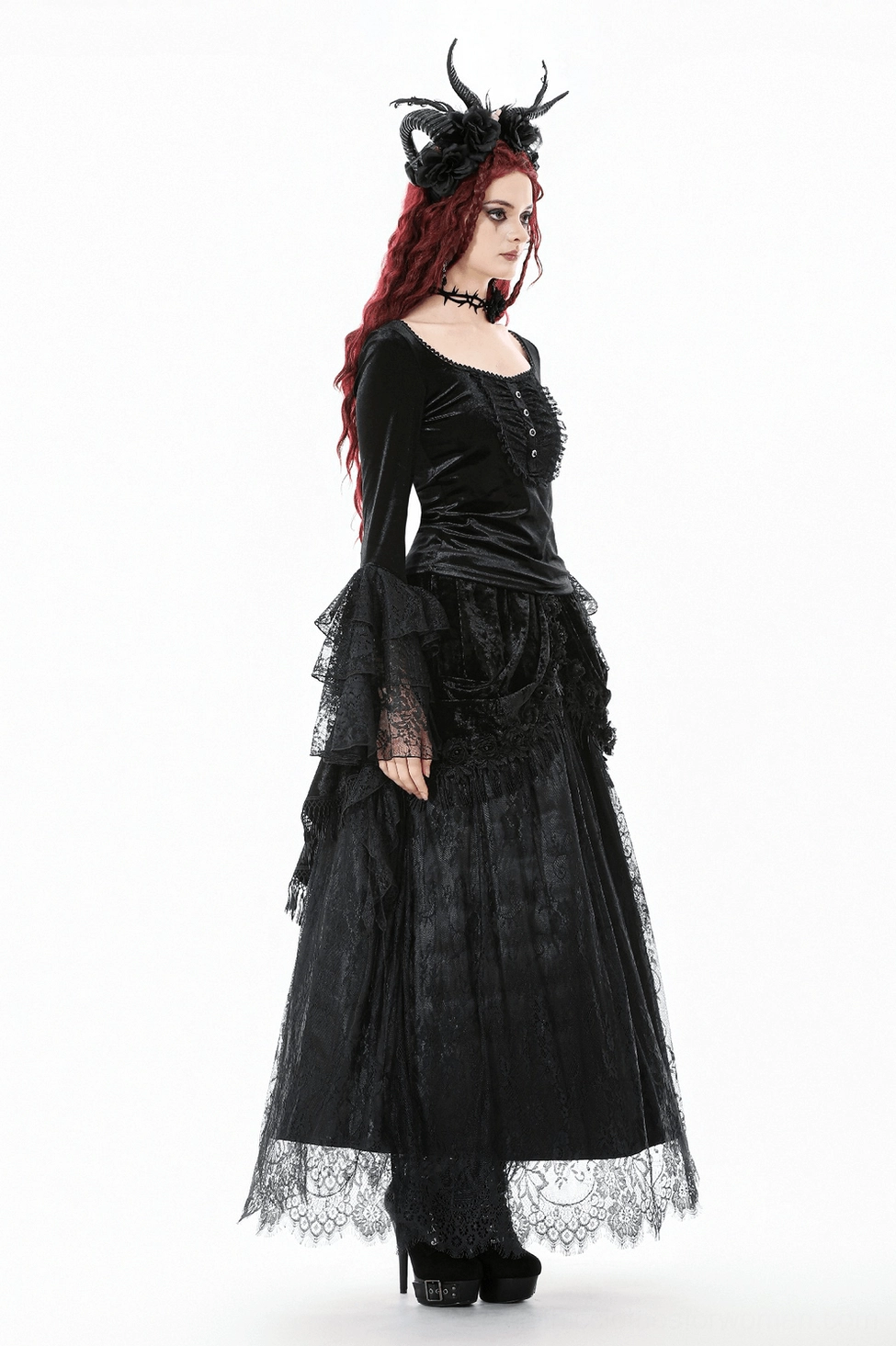 Full product view of gothic black velvet and lace maxi skirt showing complete silhouette and design proportions