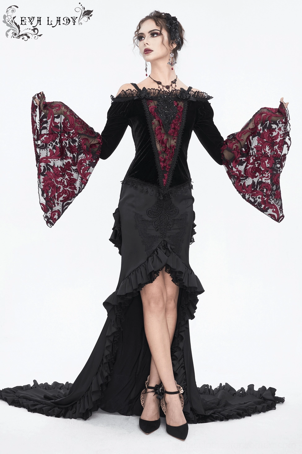 Alternative model view of gothic black velvet top showcasing overall fit and design elements