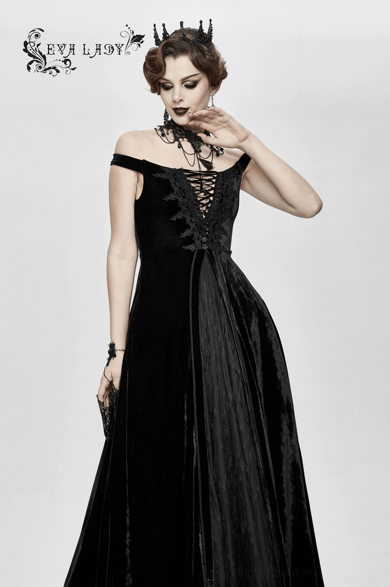 Gothic black velvet sleeveless maxi dress with lace-up bodice and floor-length A-line silhouette, front view on white background