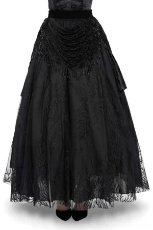 Gothic black velvet maxi skirt with beaded drapes front view, featuring floral burnout lace hem and romantic dark silhouette