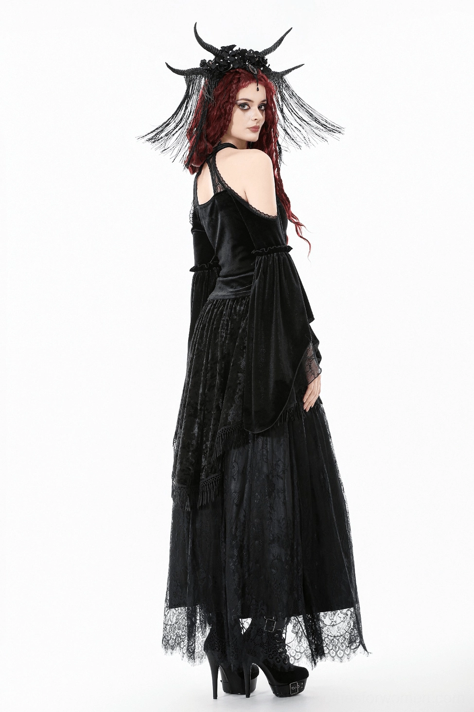 Gothic black velvet maxi skirt showing delicate lace panel inserts and semi-transparent layering details
