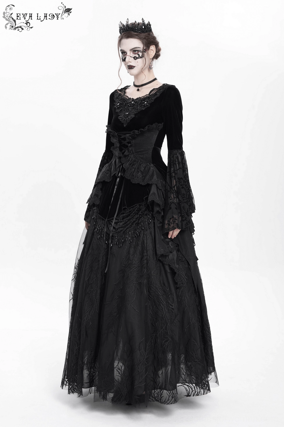Black velvet gothic top with sheer bell sleeves and beaded lace trim - alternative view
