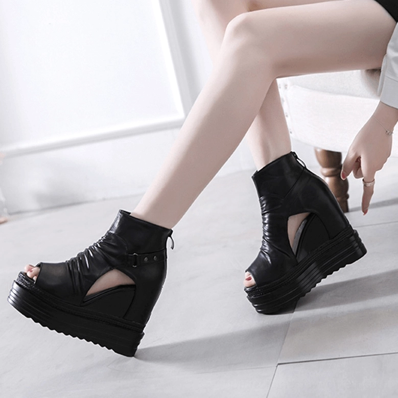 Gothic black wedge platform ankle boots with peep toe additional product view
