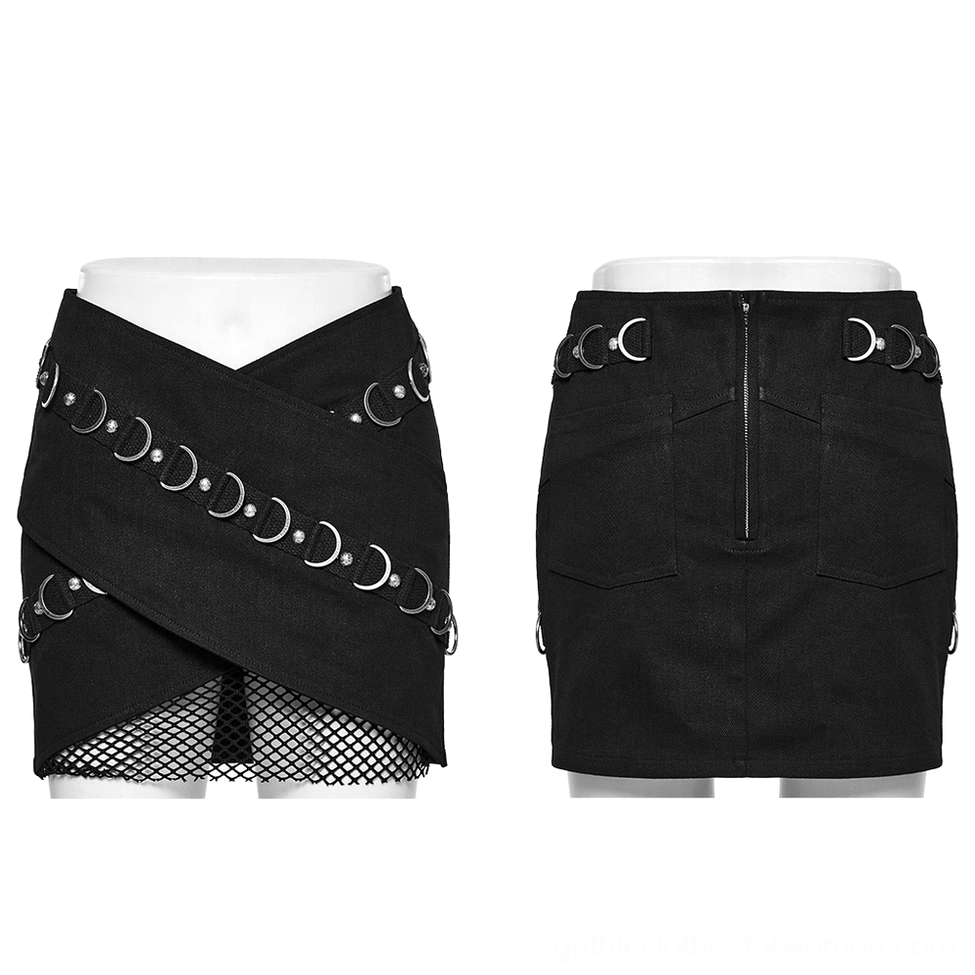 Black gothic wrap skirt on mannequin front display with metal crescent trim and fishnet layer