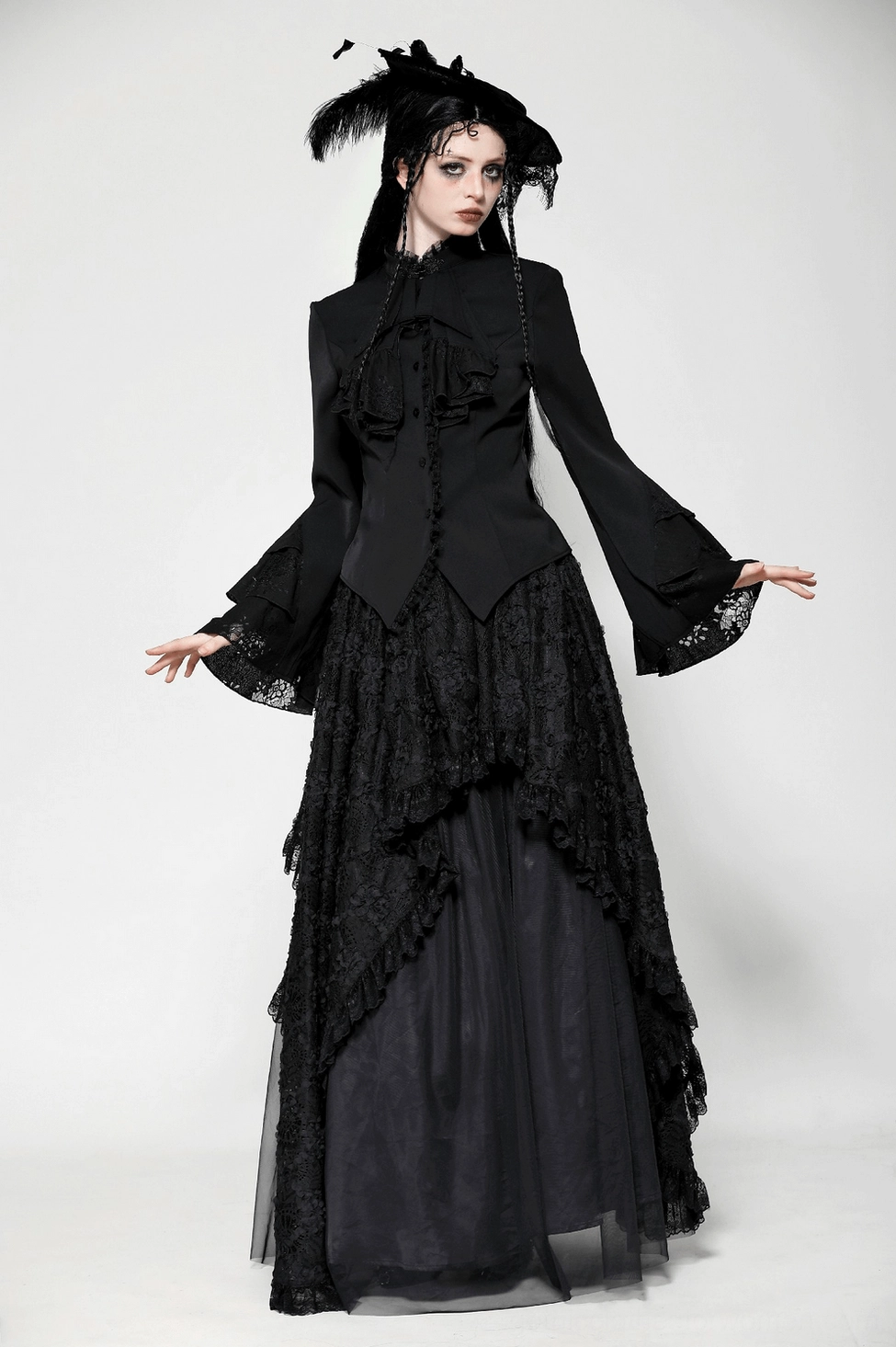 Black Victorian gothic blouse worn with alternative fashion accessories demonstrating styling for gothic events and dark aesthetic occasions