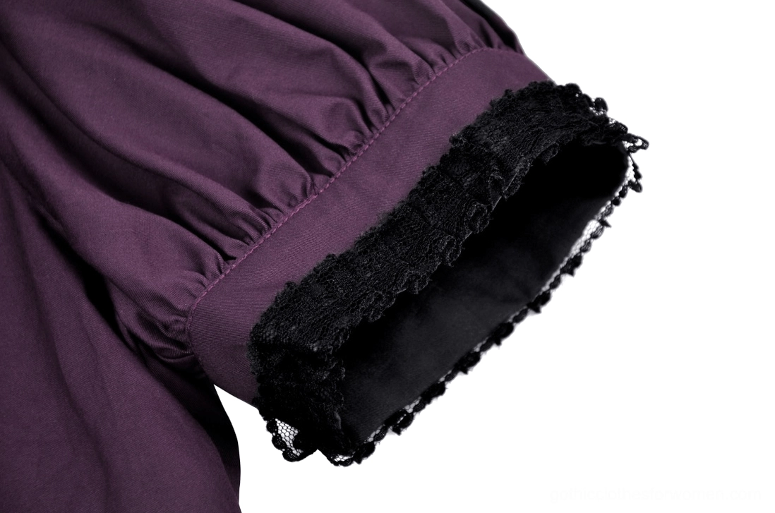 Alternative angle of purple gothic blouse showcasing puff sleeves, crescent brooch, and black lace ruffles design