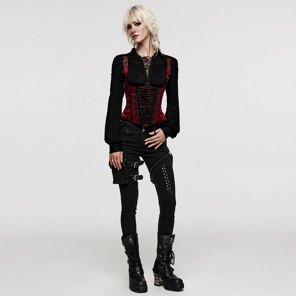 Gothic lace-up blouse angled view showing neckline construction, fabric drape, and romantic details
