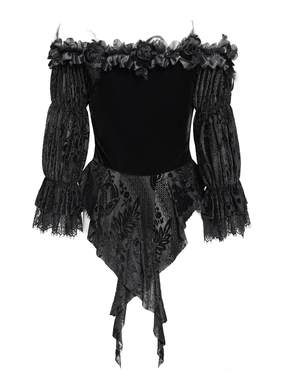 Overhead flat lay view of black gothic velvet blouse featuring asymmetrical jacquard hem, tie-back hem details, and intricate lace trims
