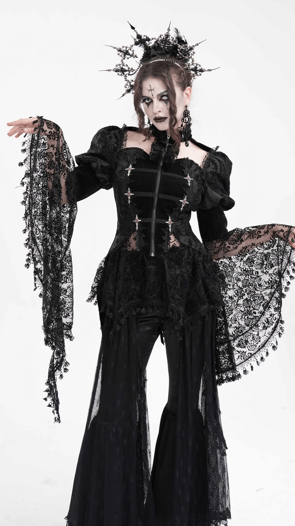 Black gothic Victorian lace blouse asymmetrical hemline and tail detail on mannequin