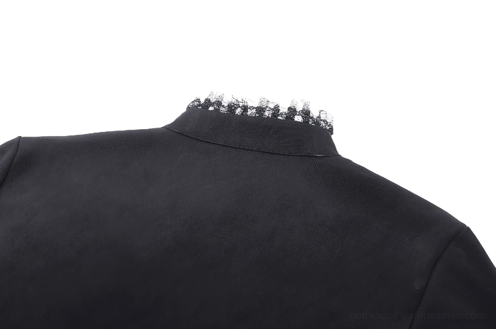 Close-up back collar detail of black gothic lace blouse showing lace-trimmed high stand collar and clean professional finished seam