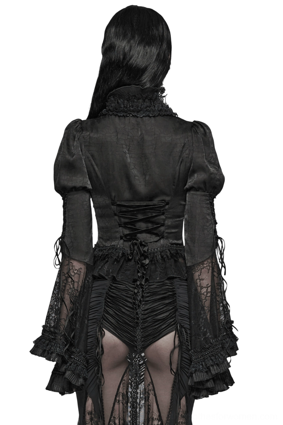 Gothic blouse back view showing corset lacing, sheer mesh panel details, and high ruffled collar on model
