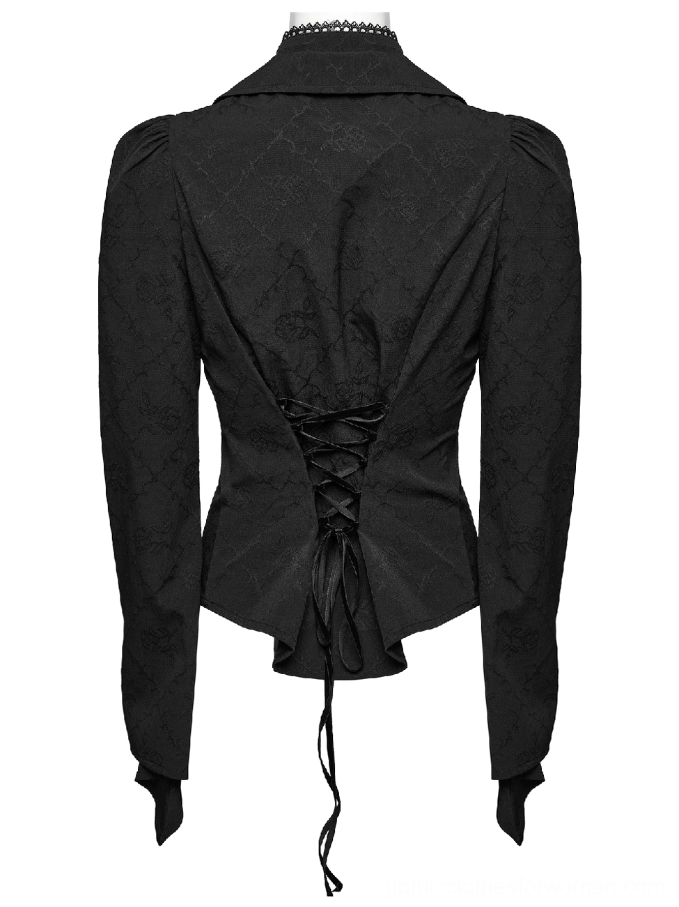 Back flat display of gothic women's blouse showing adjustable corset lace and woven pattern