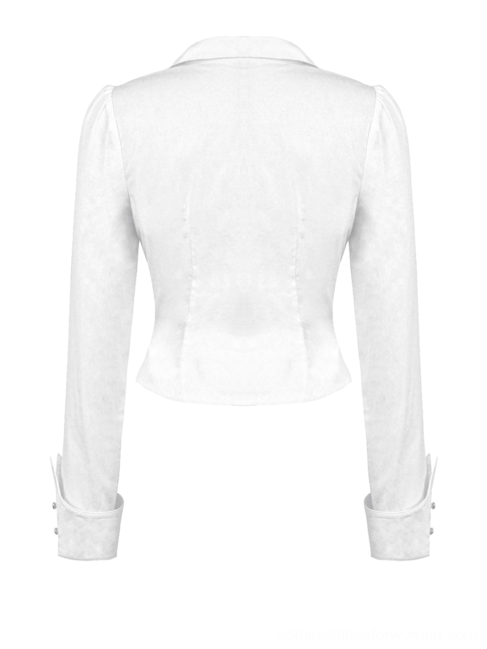 White gothic blouse back flat lay showing fitted waist construction and neat back yoke design