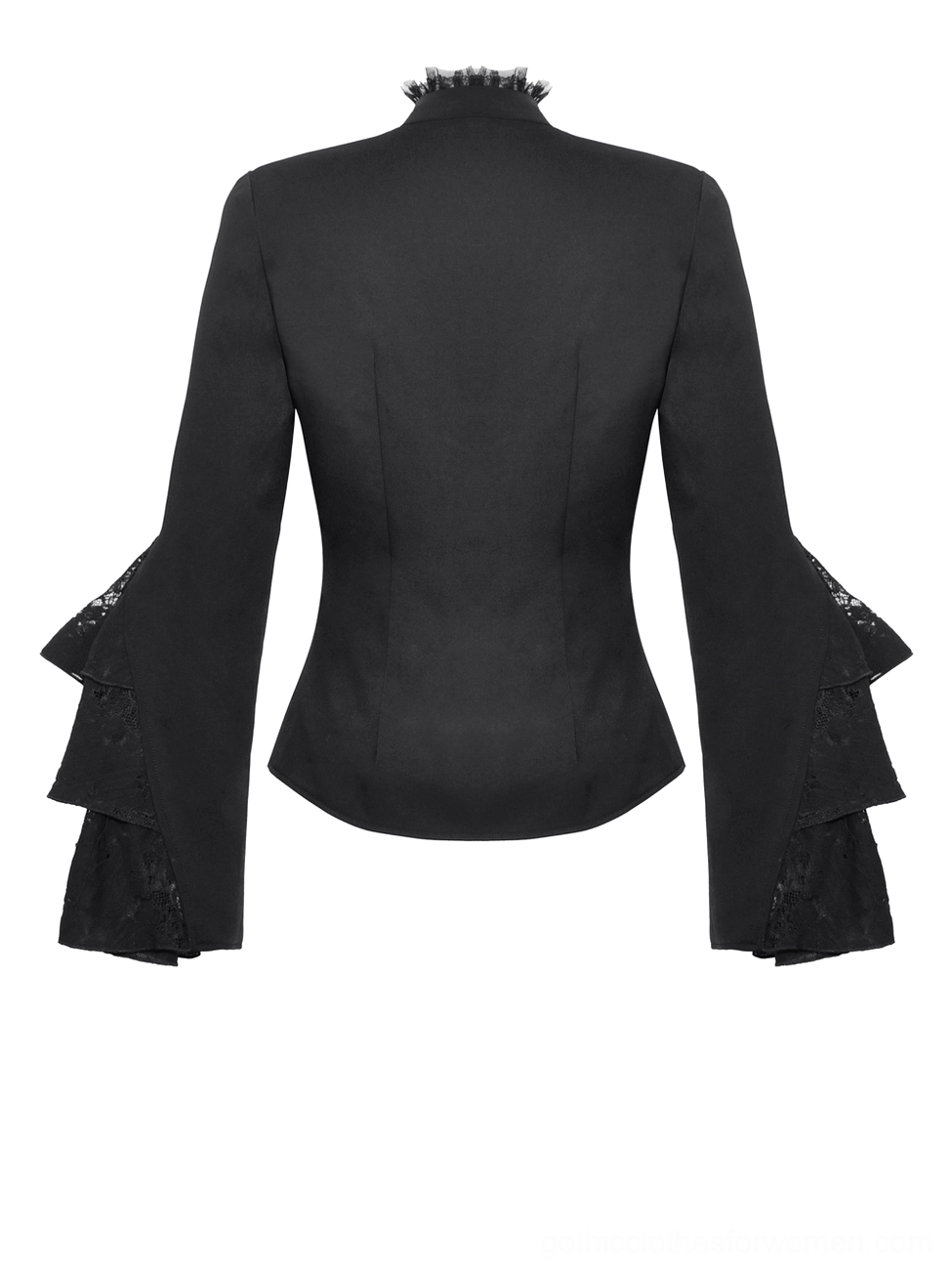 Flat lay back view of black gothic blouse showing minimalist back design, solid black woven fabric, and clean construction against white background