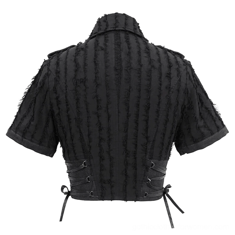 Back flat lay of black gothic blouse with frayed striped texture and lace-up side ties detail