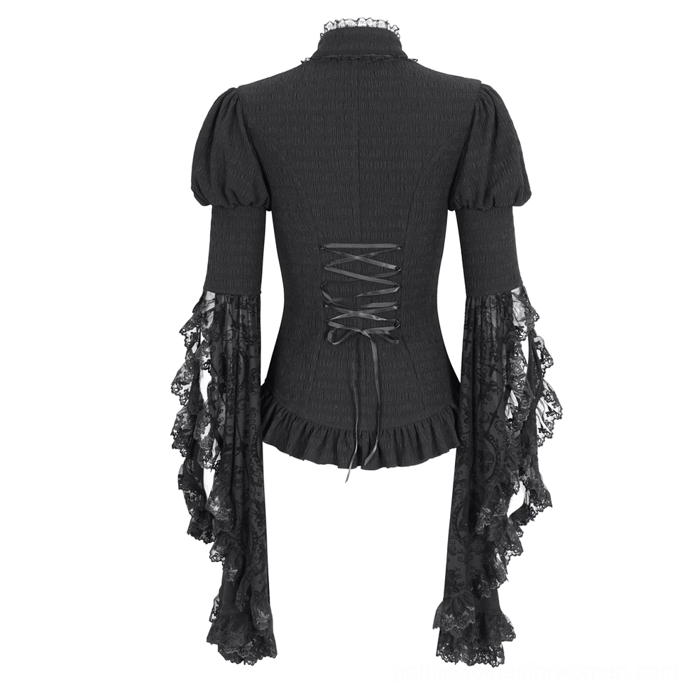 Gothic blouse back flat lay showing lace-up back closure, puff sleeves, and structured lace-up design