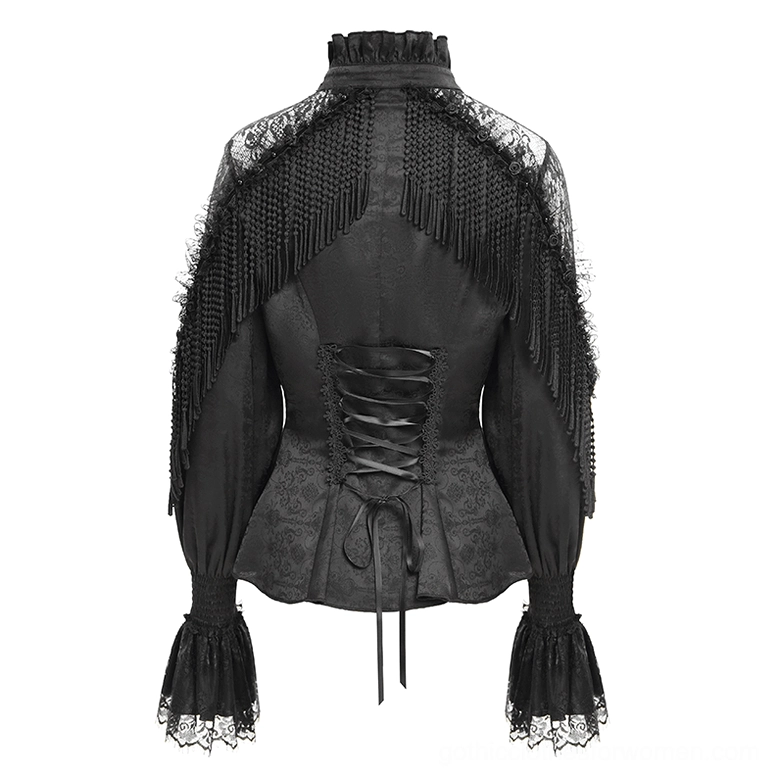 Back flat lay view of gothic blouse highlighting corset lace-up back construction, fringe shoulder accents, and lace cuff details