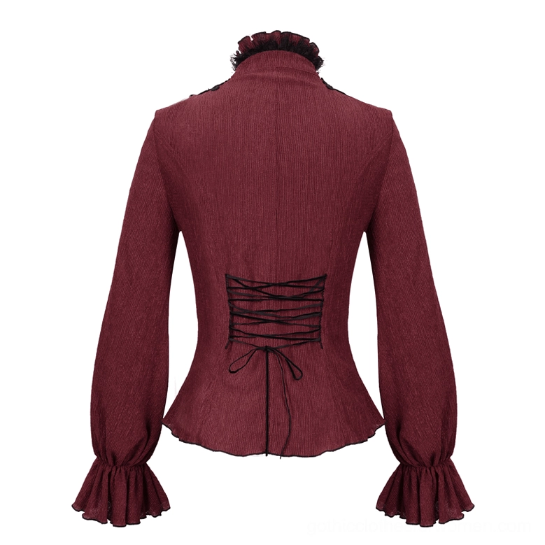 Wine red gothic blouse back flat lay showing corset lace-up design and fitted waist construction
