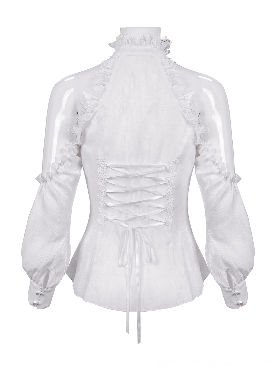 Back side view of ivory gothic blouse on mannequin displaying the authentic lace-up corset tie design and back panel construction with sheer fabric details
