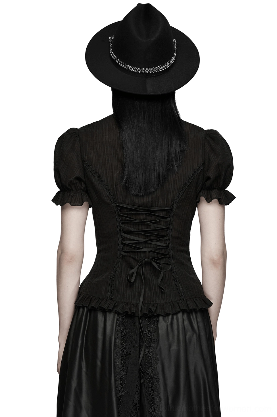 Black gothic lace-up blouse back view featuring dramatic ribbon lace-up waist and ruffled puff sleeve cuffs