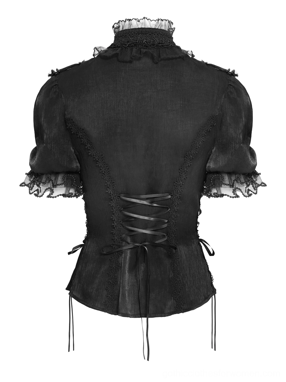 Victorian gothic blouse back detail showing lace-up tie closure and ruffled cuff trim - rear mannequin view
