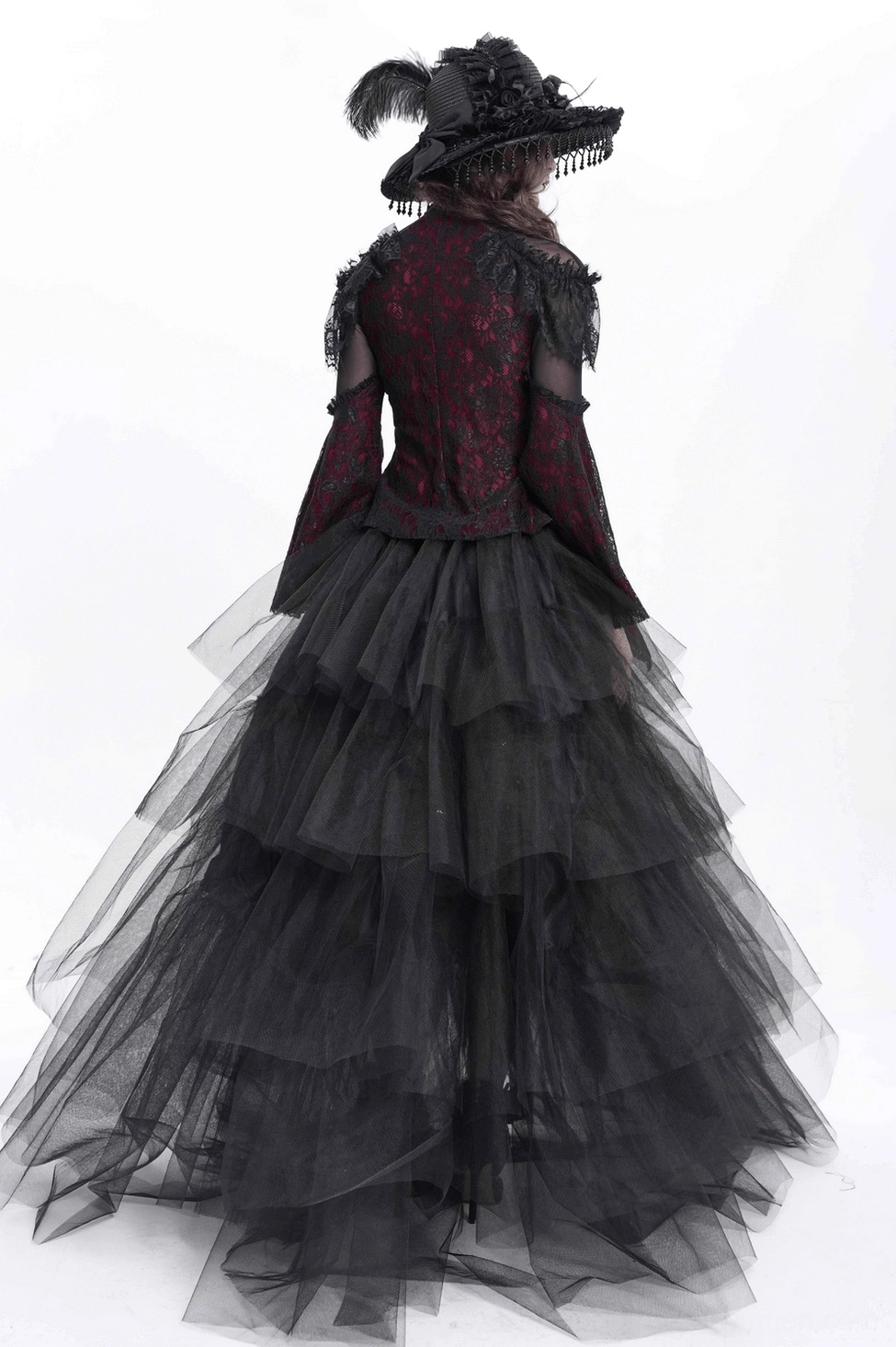 Detailed rear view of gothic cold shoulder lace blouse showing back lacing elements, ruffled trim accent, and fitted waist area
