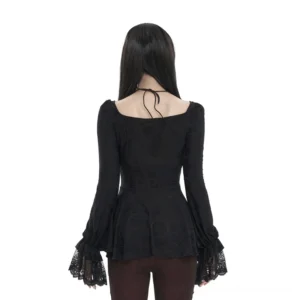 Back view of black gothic blouse with square neckline, halter neck tie, and dramatic flared lace sleeves