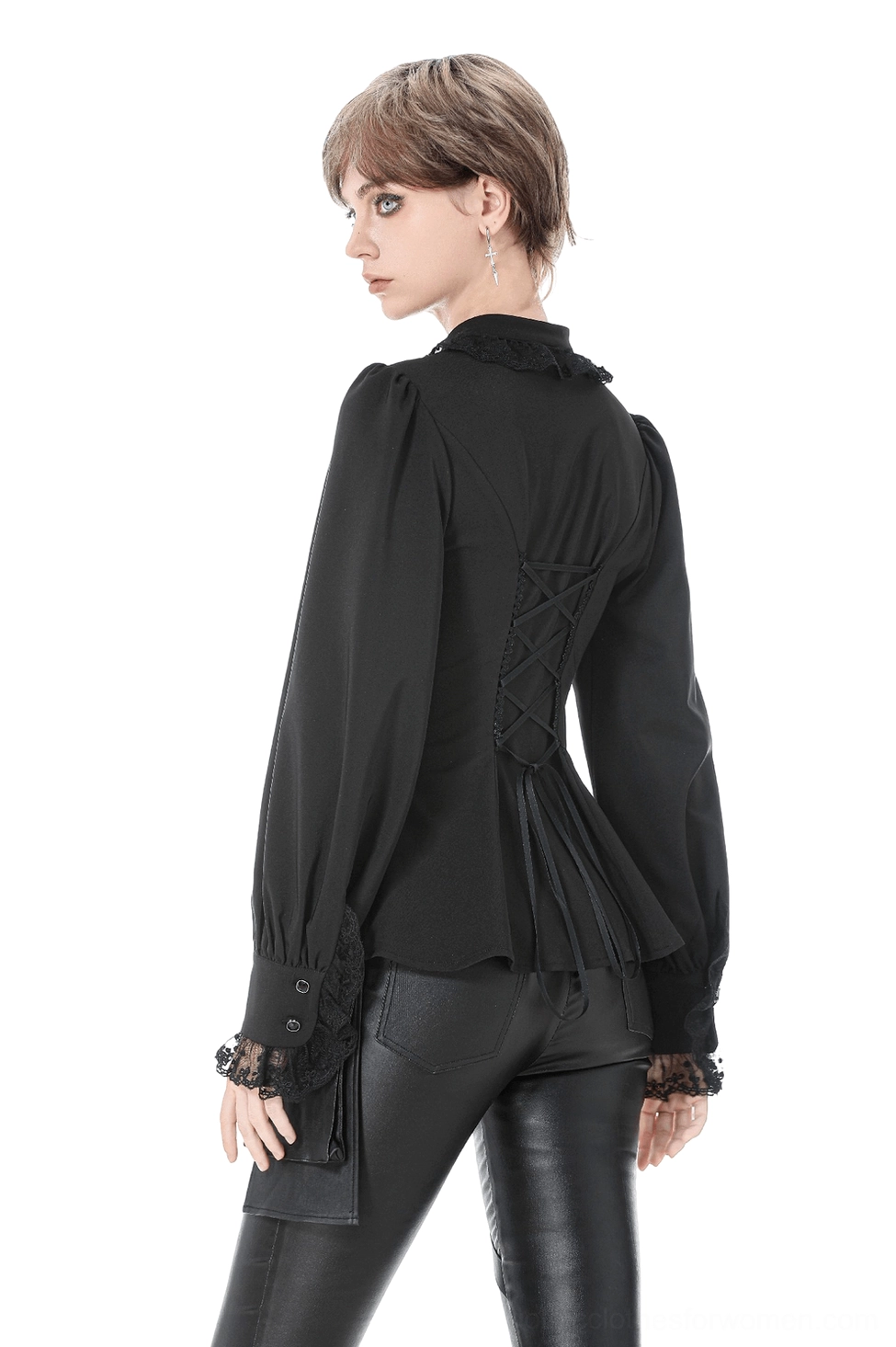 Black Victorian gothic blouse back view showing lace-up corset back detail and ruffled collar on model