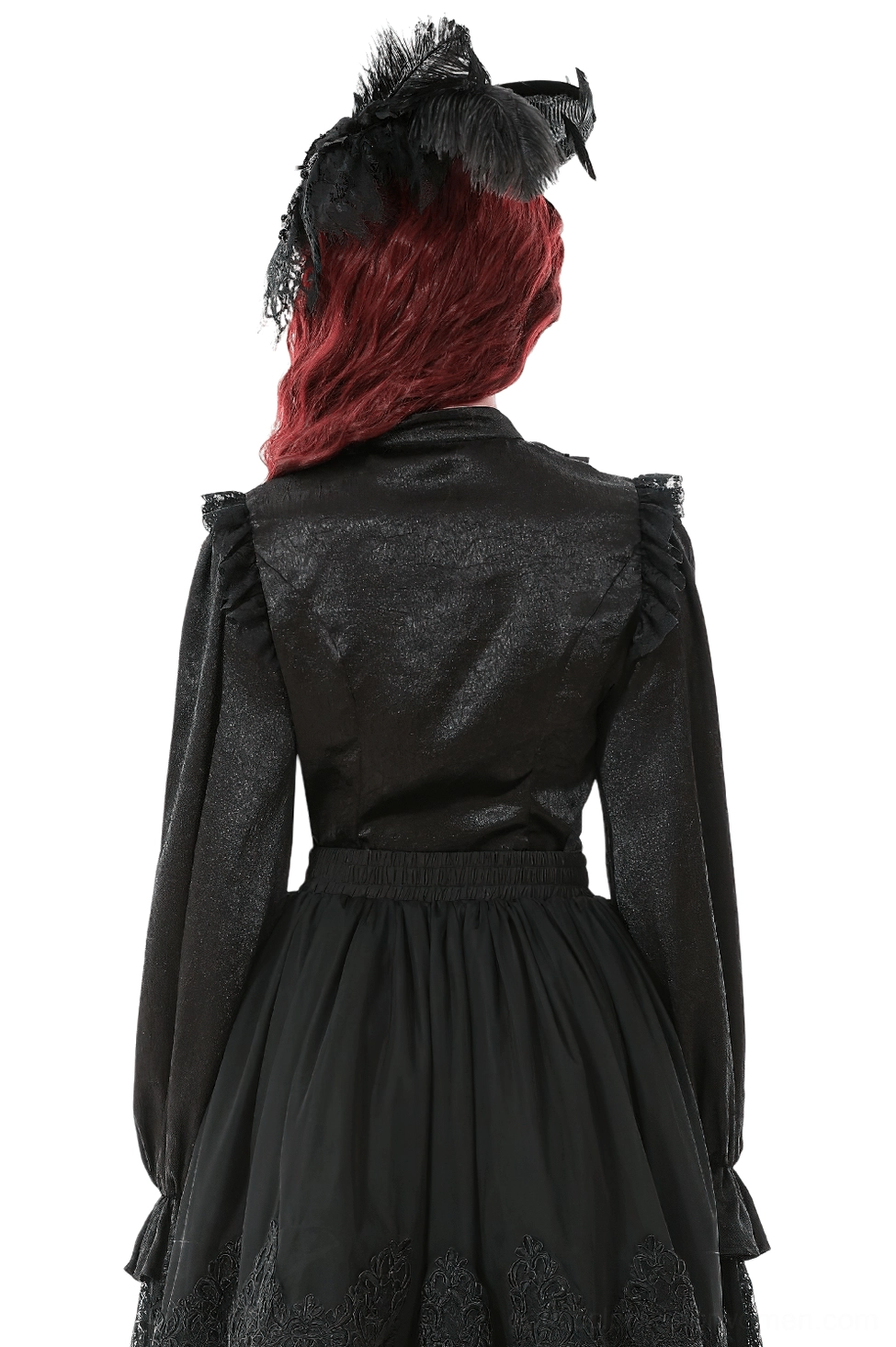 Black gothic blouse back view showing high stand collar and ruffled shoulder details on model with dramatic silhouette