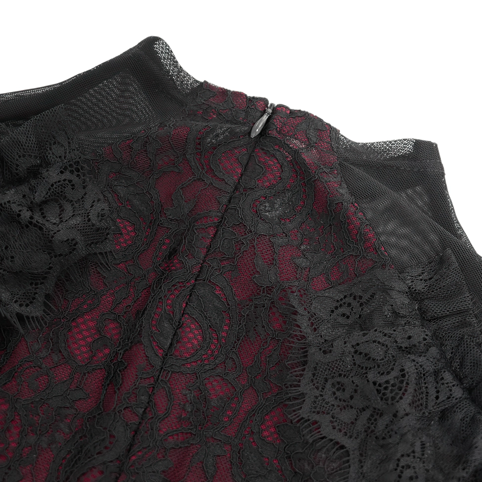 Victorian gothic cold shoulder lace blouse showing bell sleeve construction, mesh panels, and intricate floral lace detailing