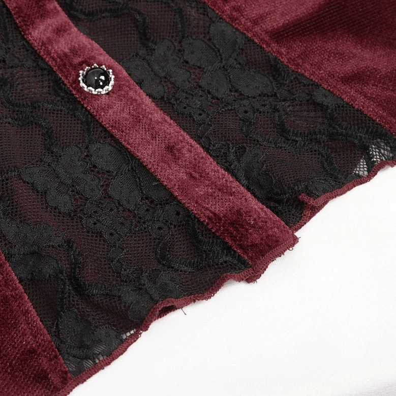Black floral lace overlay and velvet trim detail of gothic blouse fabric texture