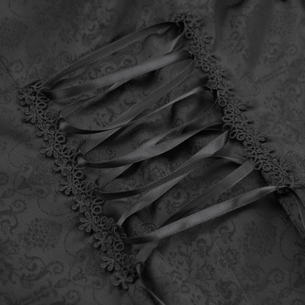 Close-up detail of gothic blouse lacing system featuring black ribbon lace-up, floral lace trim, and jacquard fabric texture