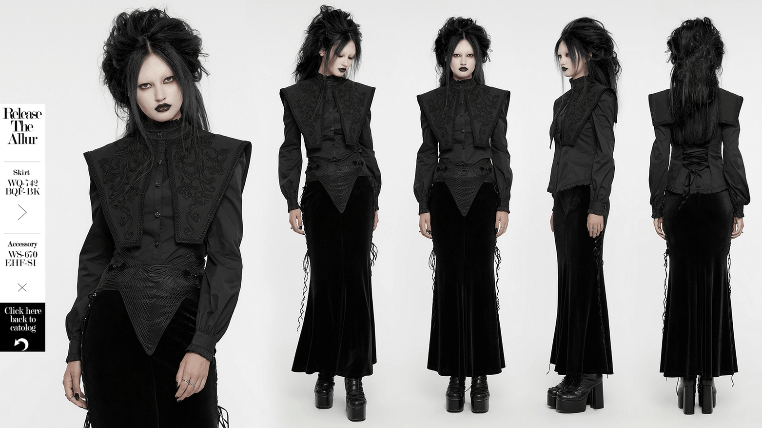 Alternative angle of gothic blouse showing 3D botanical lace collar and ruffled trim combination