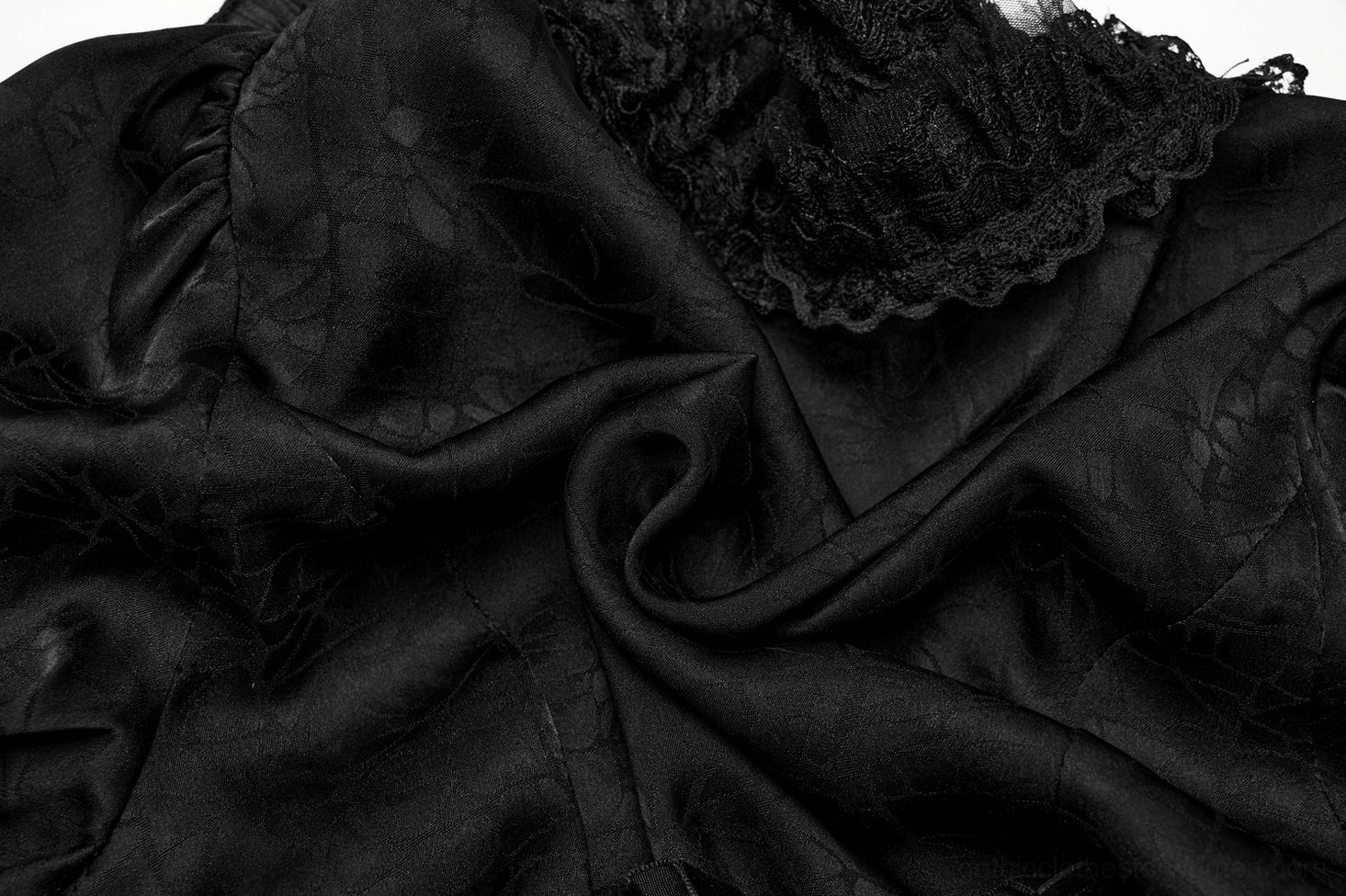 Black gothic lace blouse bubble sleeve detail with trumpet flare cuff and sheer lace overlay