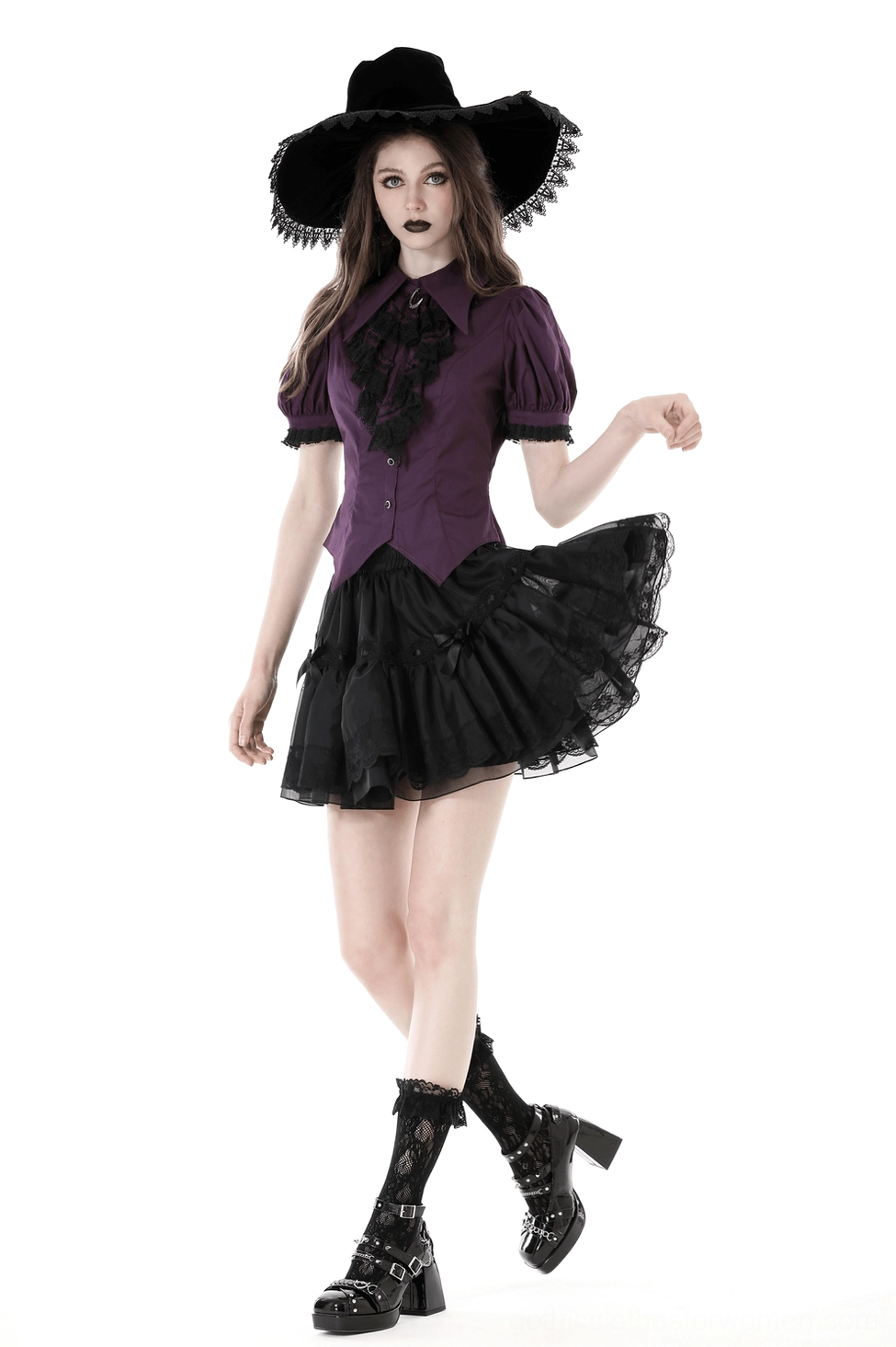 Detail shot of gothic blouse showing button closure, layered lace trim, and crescent moon pendant brooch design elements