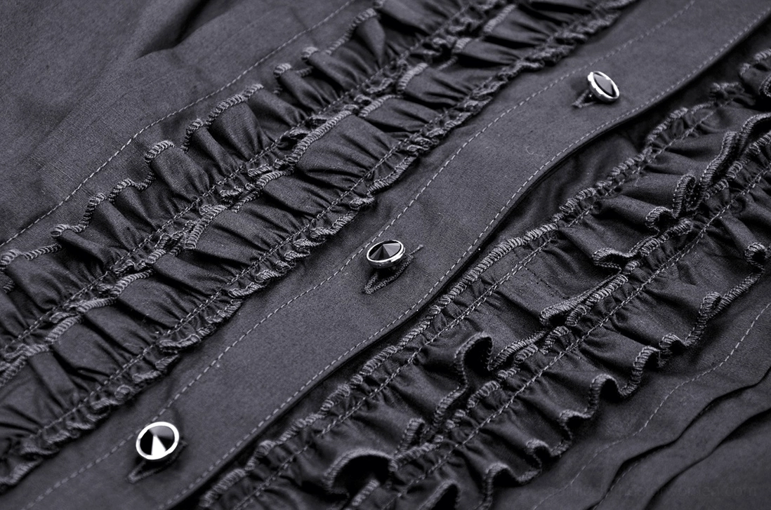 Flat close-up of gothic blouse front placket and metal button hardware showing precision stitching and ruffled trim construction