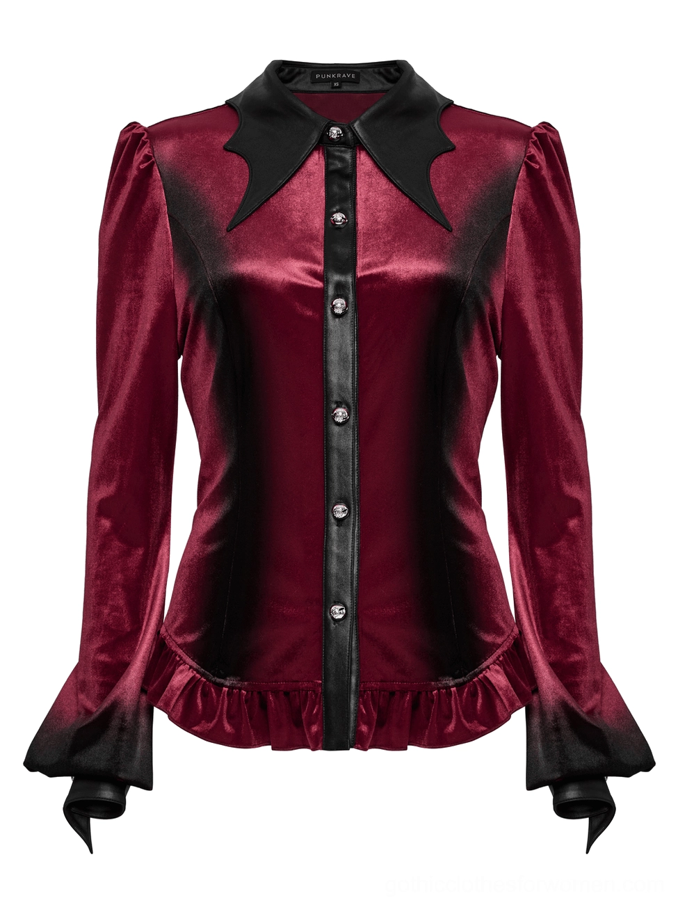 Gothic velvet blouse front flat lay detail featuring ornamental carved buttons and ruffle cuffs
