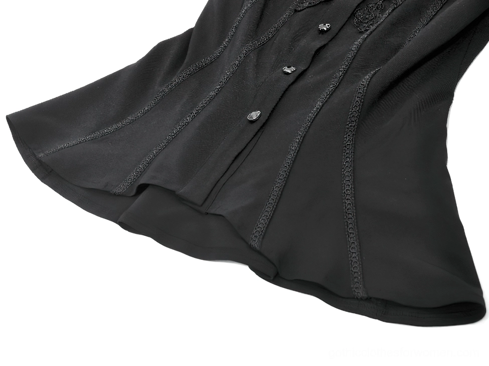 Black gothic blouse close-up of front hem vertical seams round black buttons and peplum waist silhouette