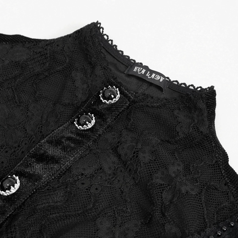 Close-up detail of black gothic blouse stand collar with ornamental gemstone buttons and intricate floral lace fabric texture