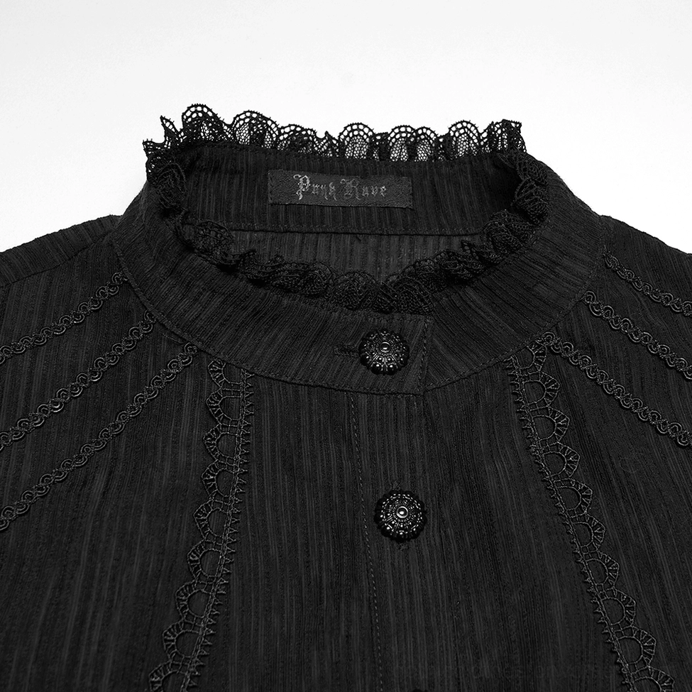 Close-up detail of black gothic blouse collar and button placket featuring lace trim and ornate front buttons